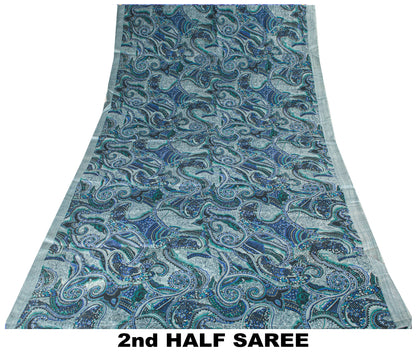 Sanskriti Vintage Sari Grey Pure Silk Paisley Print Woven Border Saree 5.5 Yard