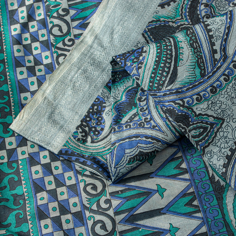 Sanskriti Vintage Sari Grey Pure Silk Paisley Print Woven Border Saree 5.5 Yard