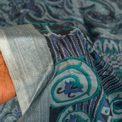 Sanskriti Vintage Sari Grey Pure Silk Paisley Print Woven Border Saree 5.5 Yard