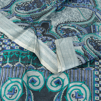 Sanskriti Vintage Sari Grey Pure Silk Paisley Print Woven Border Saree 5.5 Yard