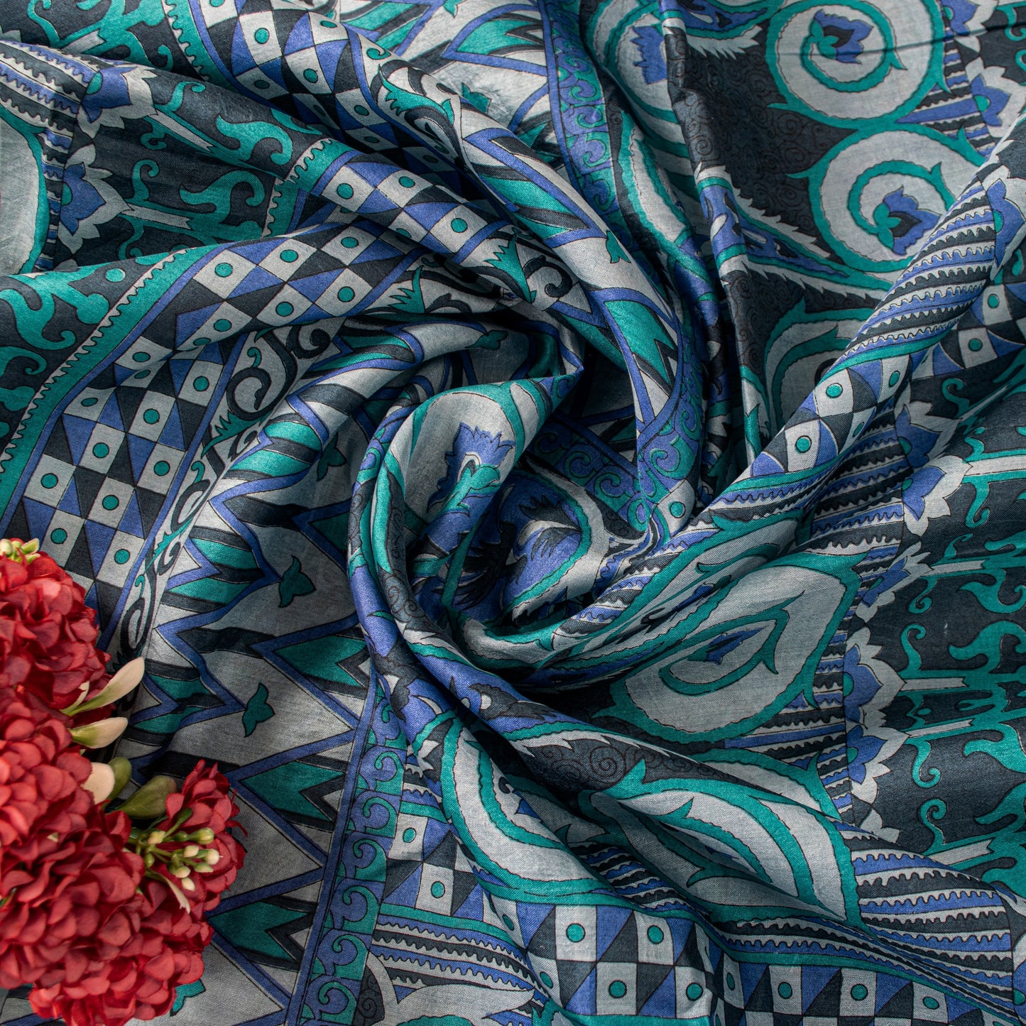 Sanskriti Vintage Sari Grey Pure Silk Paisley Print Woven Border Saree 5.5 Yard