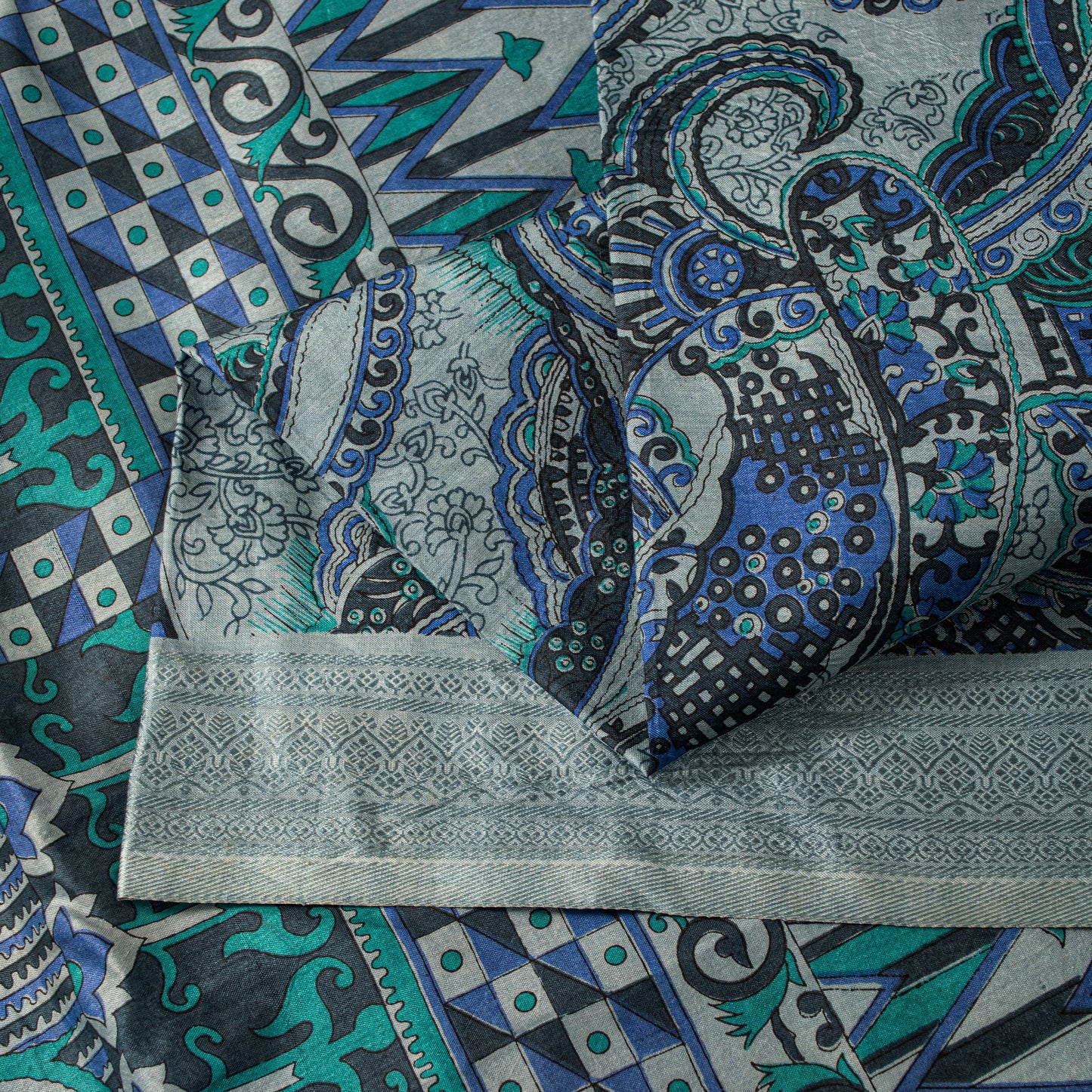 Sanskriti Vintage Sari Grey Pure Silk Paisley Print Woven Border Saree 5.5 Yard