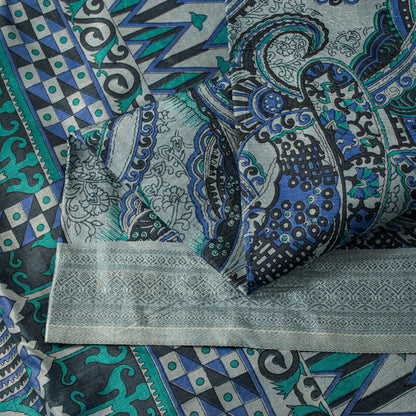Sanskriti Vintage Sari Grey Pure Silk Paisley Print Woven Border Saree 5.5 Yard