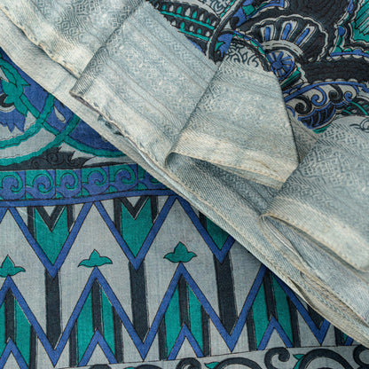 Sanskriti Vintage Sari Grey Pure Silk Paisley Print Woven Border Saree 5.5 Yard