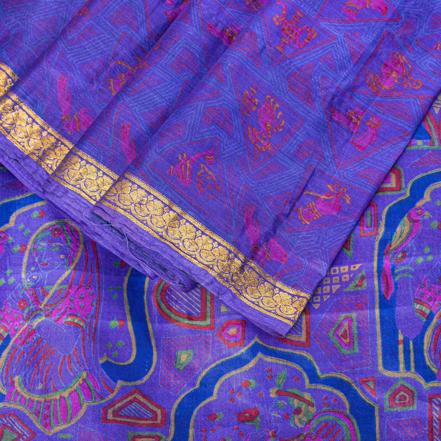 Sanskriti Vintage Sari Soft Blue Pure Silk Human Print Brocade Border Saree 6+YD