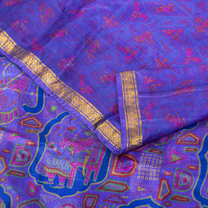 Sanskriti Vintage Sari Soft Blue Pure Silk Human Print Brocade Border Saree 6+YD