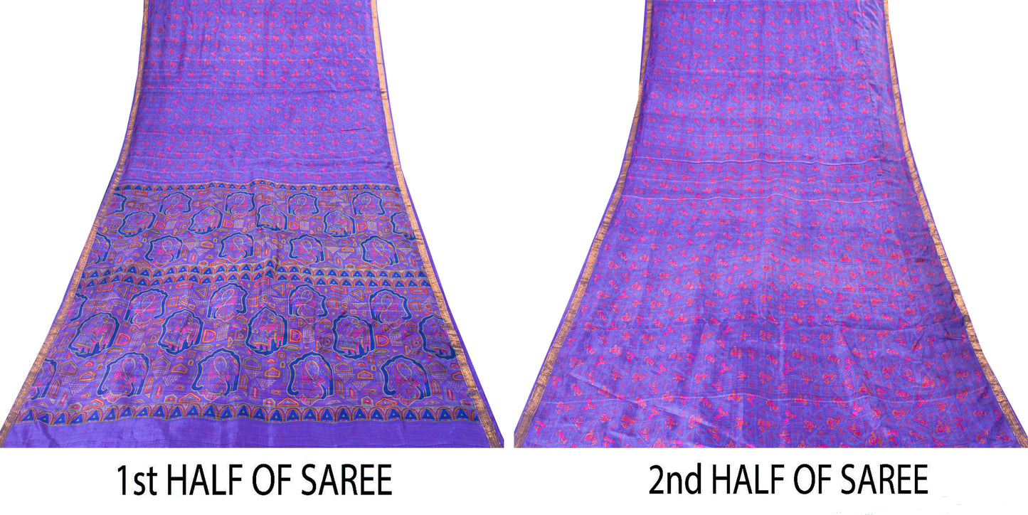 Sanskriti Vintage Sari Soft Blue Pure Silk Human Print Brocade Border Saree 6+YD