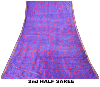 Sanskriti Vintage Sari Soft Blue Pure Silk Human Print Brocade Border Saree 6+YD