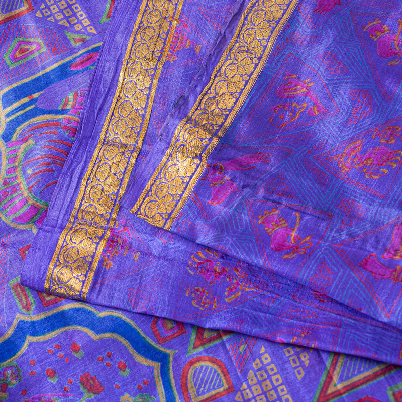 Sanskriti Vintage Sari Soft Blue Pure Silk Human Print Brocade Border Saree 6+YD