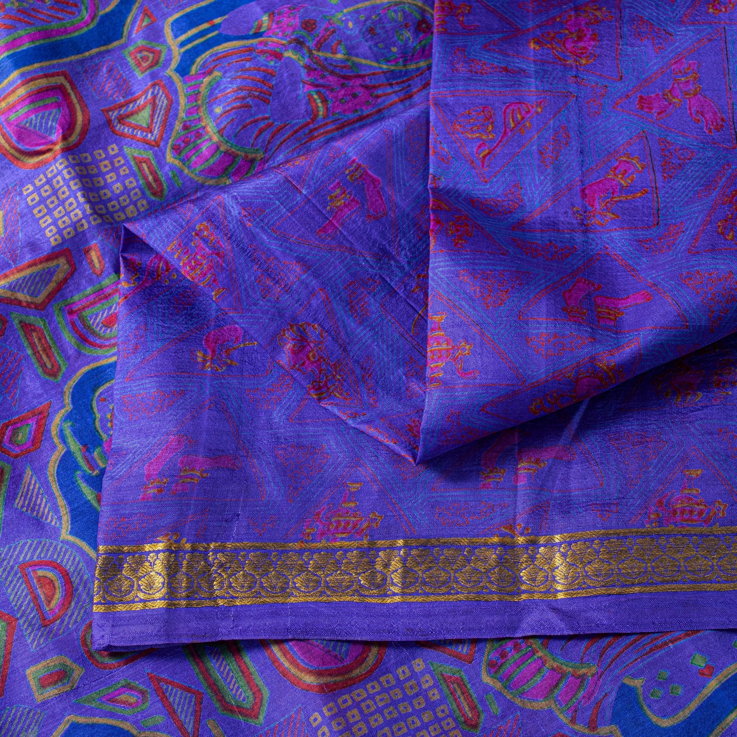 Sanskriti Vintage Sari Soft Blue Pure Silk Human Print Brocade Border Saree 6+YD