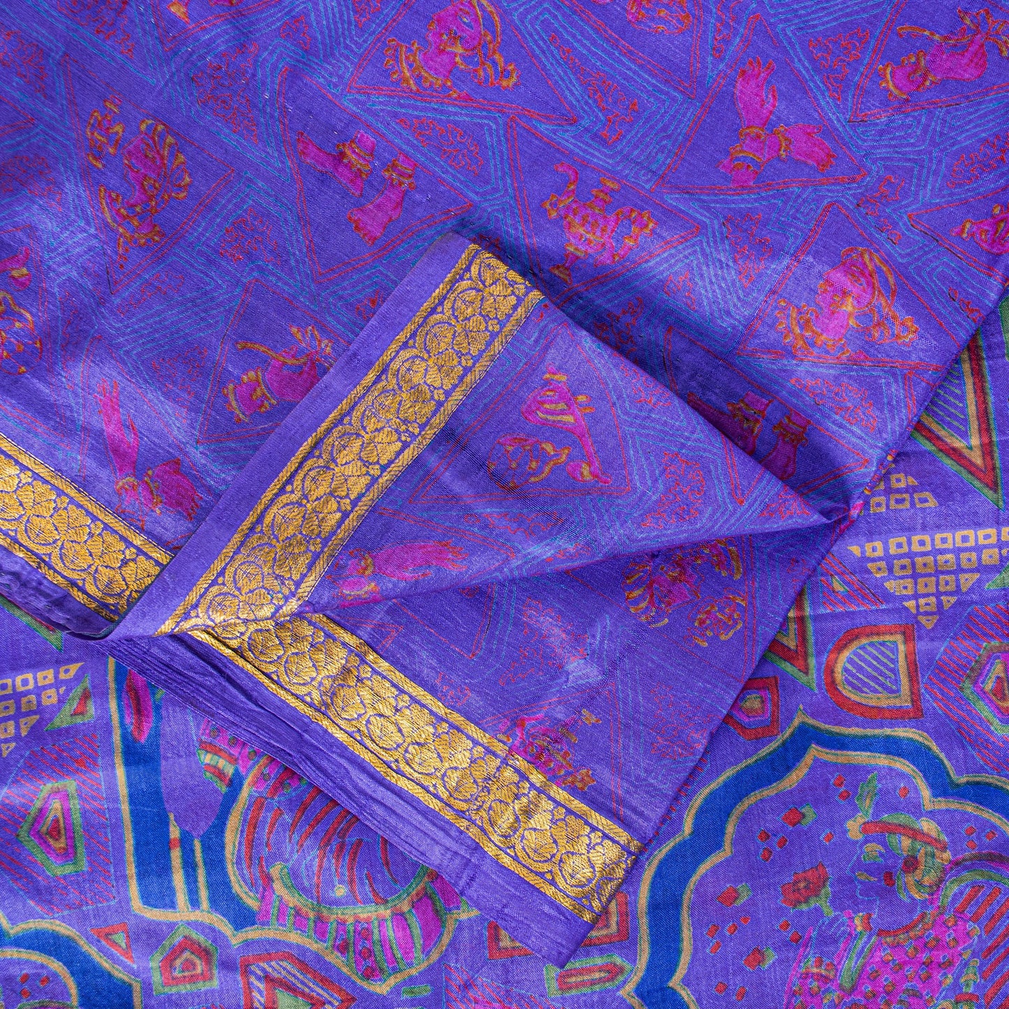 Sanskriti Vintage Sari Soft Blue Pure Silk Human Print Brocade Border Saree 6+YD