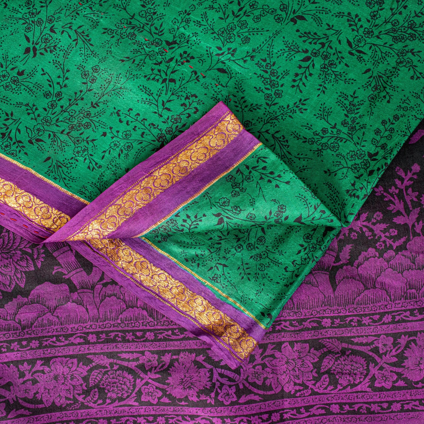 Sanskriti Vintage Sari Green Pure Silk Hand Block Kalamkari Print Saree 5.5Yard