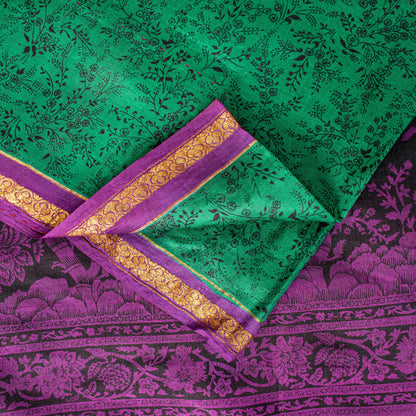 Sanskriti Vintage Sari Green Pure Silk Hand Block Kalamkari Print Saree 5.5Yard
