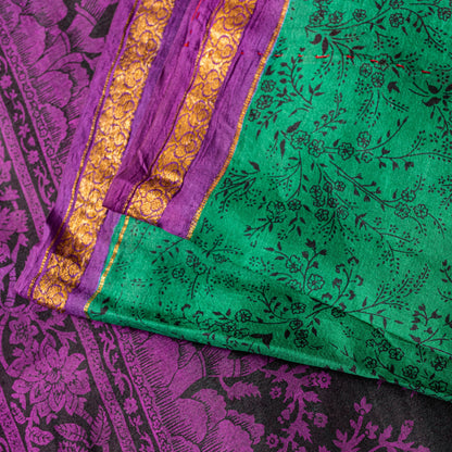 Sanskriti Vintage Sari Green Pure Silk Hand Block Kalamkari Print Saree 5.5Yard