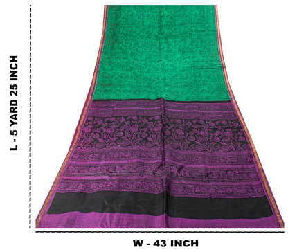 Sanskriti Vintage Sari Green Pure Silk Hand Block Kalamkari Print Saree 5.5Yard