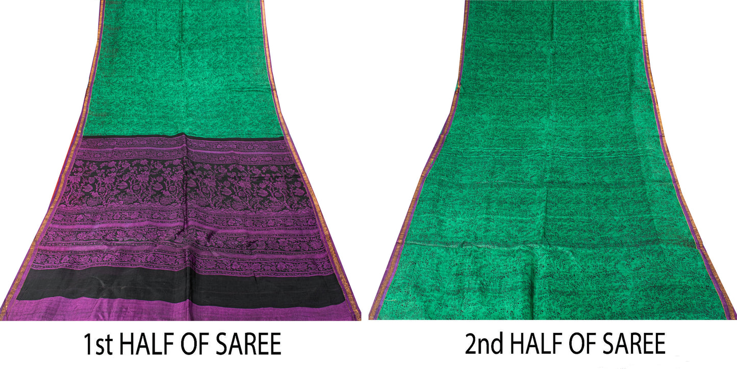Sanskriti Vintage Sari Green Pure Silk Hand Block Kalamkari Print Saree 5.5Yard