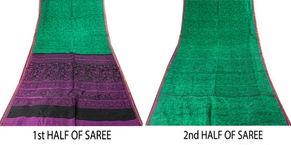Sanskriti Vintage Sari Green Pure Silk Hand Block Kalamkari Print Saree 5.5Yard