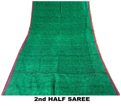 Sanskriti Vintage Sari Green Pure Silk Hand Block Kalamkari Print Saree 5.5Yard