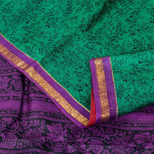 Sanskriti Vintage Sari Green Pure Silk Hand Block Kalamkari Print Saree 5.5Yard