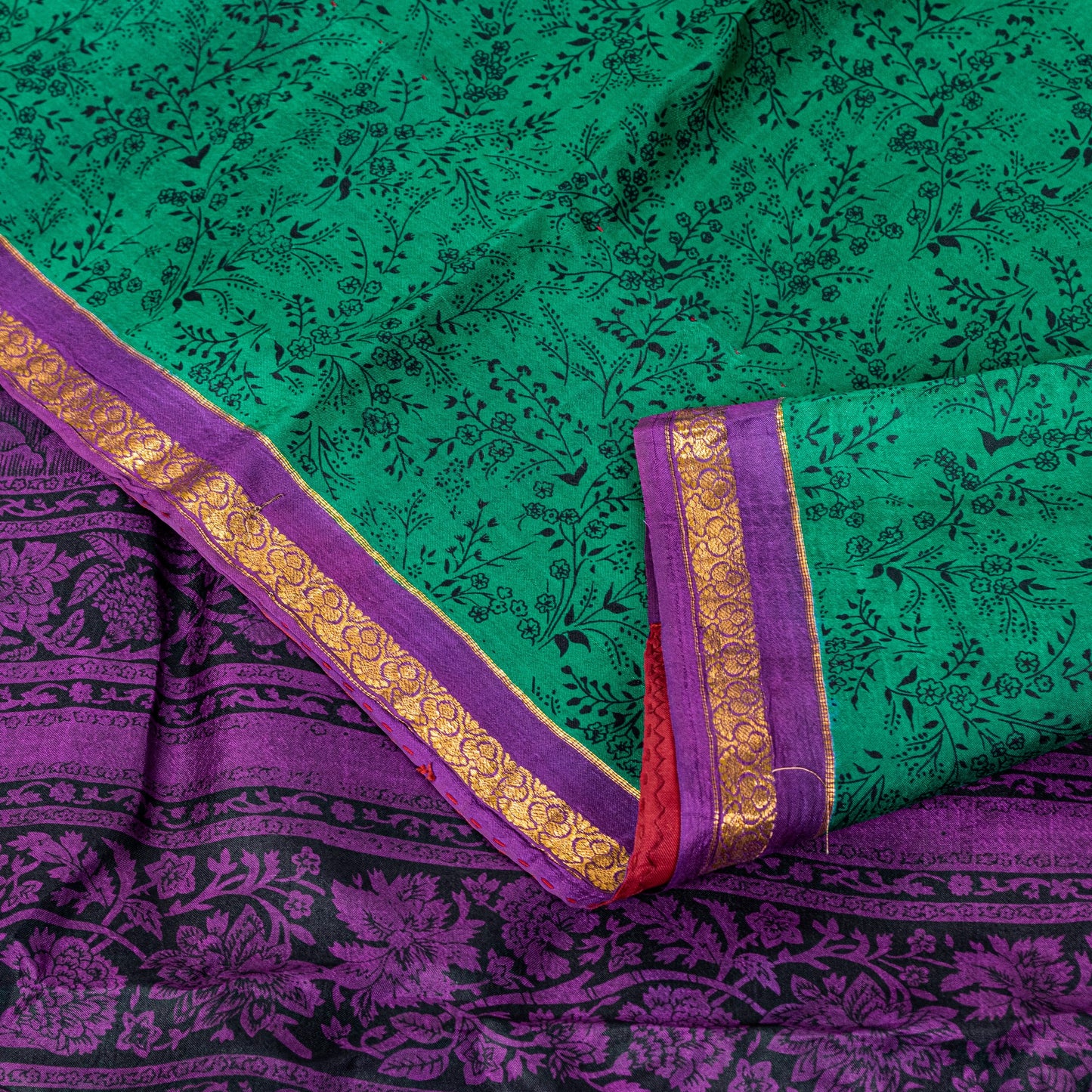 Sanskriti Vintage Sari Green Pure Silk Hand Block Kalamkari Print Saree 5.5Yard