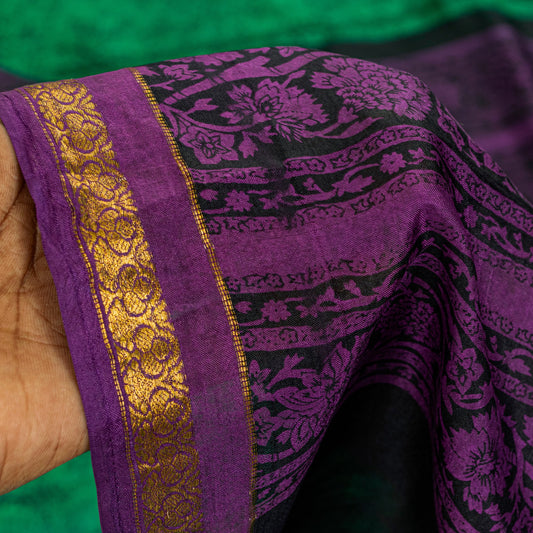 Sanskriti Vintage Sari Green Pure Silk Hand Block Kalamkari Print Saree 5.5Yard