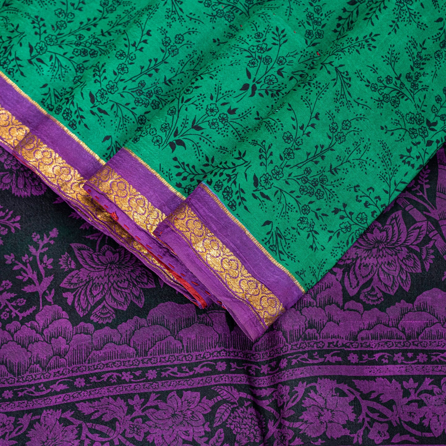 Sanskriti Vintage Sari Green Pure Silk Hand Block Kalamkari Print Saree 5.5Yard
