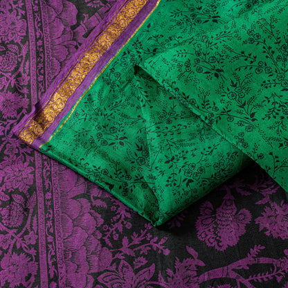 Sanskriti Vintage Sari Green Pure Silk Hand Block Kalamkari Print Saree 5.5Yard