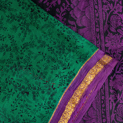 Sanskriti Vintage Sari Green Pure Silk Hand Block Kalamkari Print Saree 5.5Yard