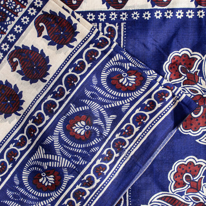 Sanskriti Vintage Sari Soft Blue Pure Silk Hand Block Printed Floral Saree 6+Yd