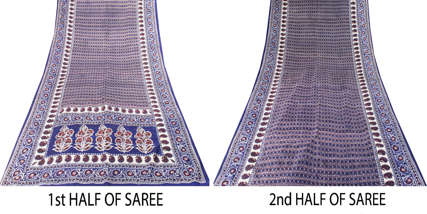 Sanskriti Vintage Sari Soft Blue Pure Silk Hand Block Printed Floral Saree 6+Yd
