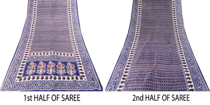 Sanskriti Vintage Sari Soft Blue Pure Silk Hand Block Printed Floral Saree 6+Yd