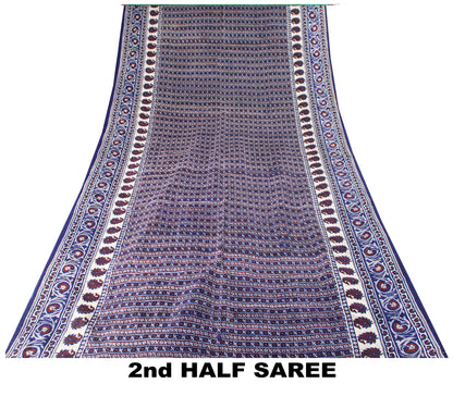 Sanskriti Vintage Sari Soft Blue Pure Silk Hand Block Printed Floral Saree 6+Yd