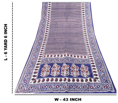 Sanskriti Vintage Sari Soft Blue Pure Silk Hand Block Printed Floral Saree 6+Yd