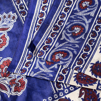 Sanskriti Vintage Sari Soft Blue Pure Silk Hand Block Printed Floral Saree 6+Yd