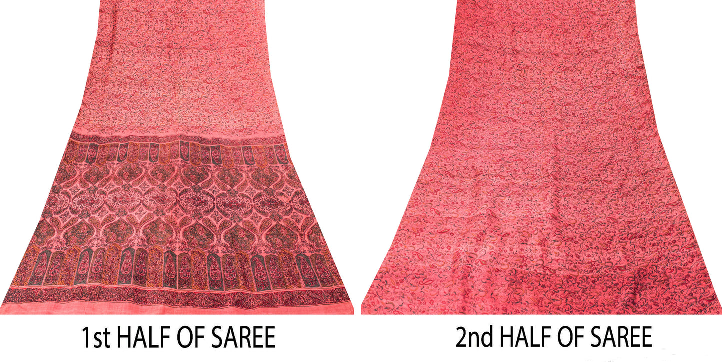 Sanskriti Vintage Sari Soft Peach Pure Silk Hand Block Print Paisley Saree 6+Yd