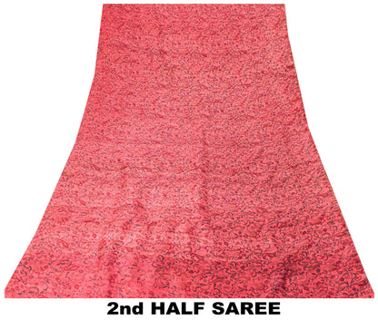 Sanskriti Vintage Sari Soft Peach Pure Silk Hand Block Print Paisley Saree 6+Yd