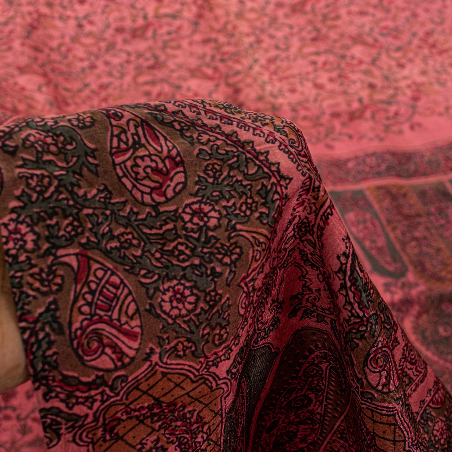 Sanskriti Vintage Sari Soft Peach Pure Silk Hand Block Print Paisley Saree 6+Yd