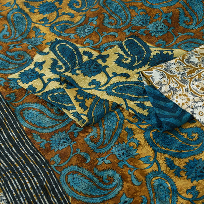 Sanskriti Vintage Sarees Blue & Ivory Pure Silk Paisley Printed 5+YD Indian Sari