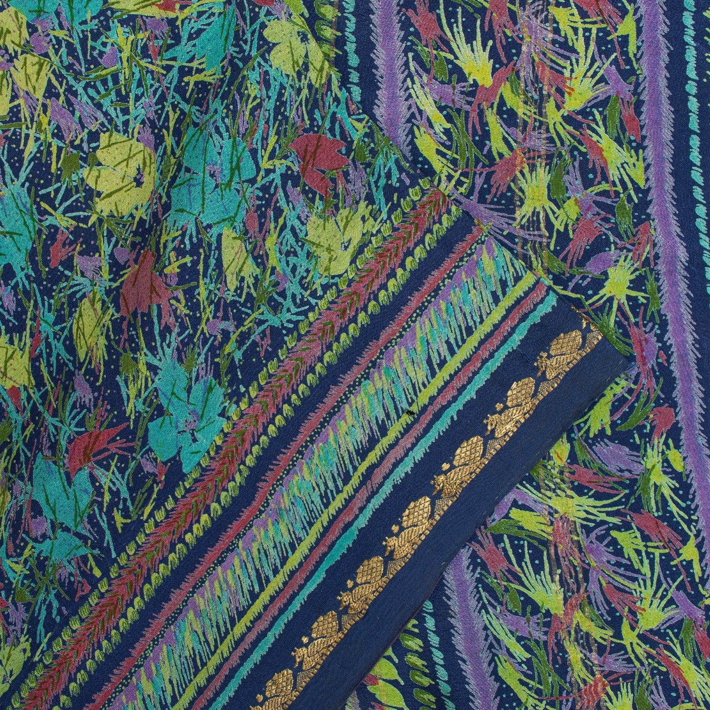 Sanskriti Vintage Sarees Blue Pure Silk Floral Printed 5+YD Sari Craft Material