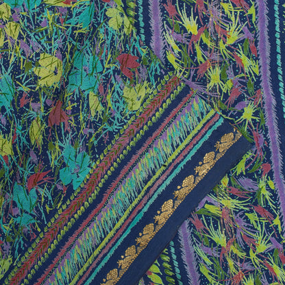 Sanskriti Vintage Sarees Blue Pure Silk Floral Printed 5+YD Sari Craft Material