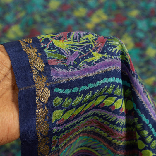 Sanskriti Vintage Saree Blue 100% Pure Silk Floral Printed Saree 5.5+Yd Sari Fabric Craft Material For Upcycled Sarongs, Scarves, Stoles