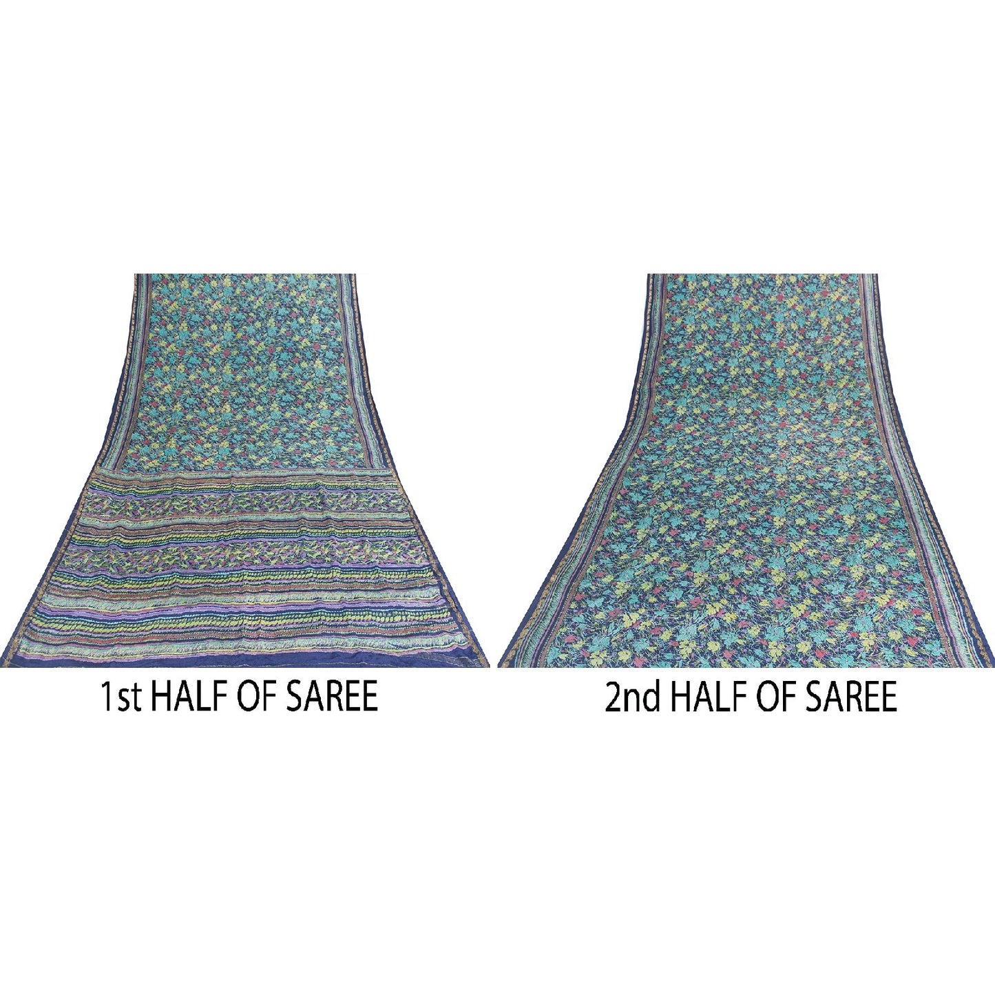 Sanskriti Vintage Sarees Blue Pure Silk Floral Printed 5+YD Sari Craft Material