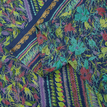Sanskriti Vintage Sarees Blue Pure Silk Floral Printed 5+YD Sari Craft Material