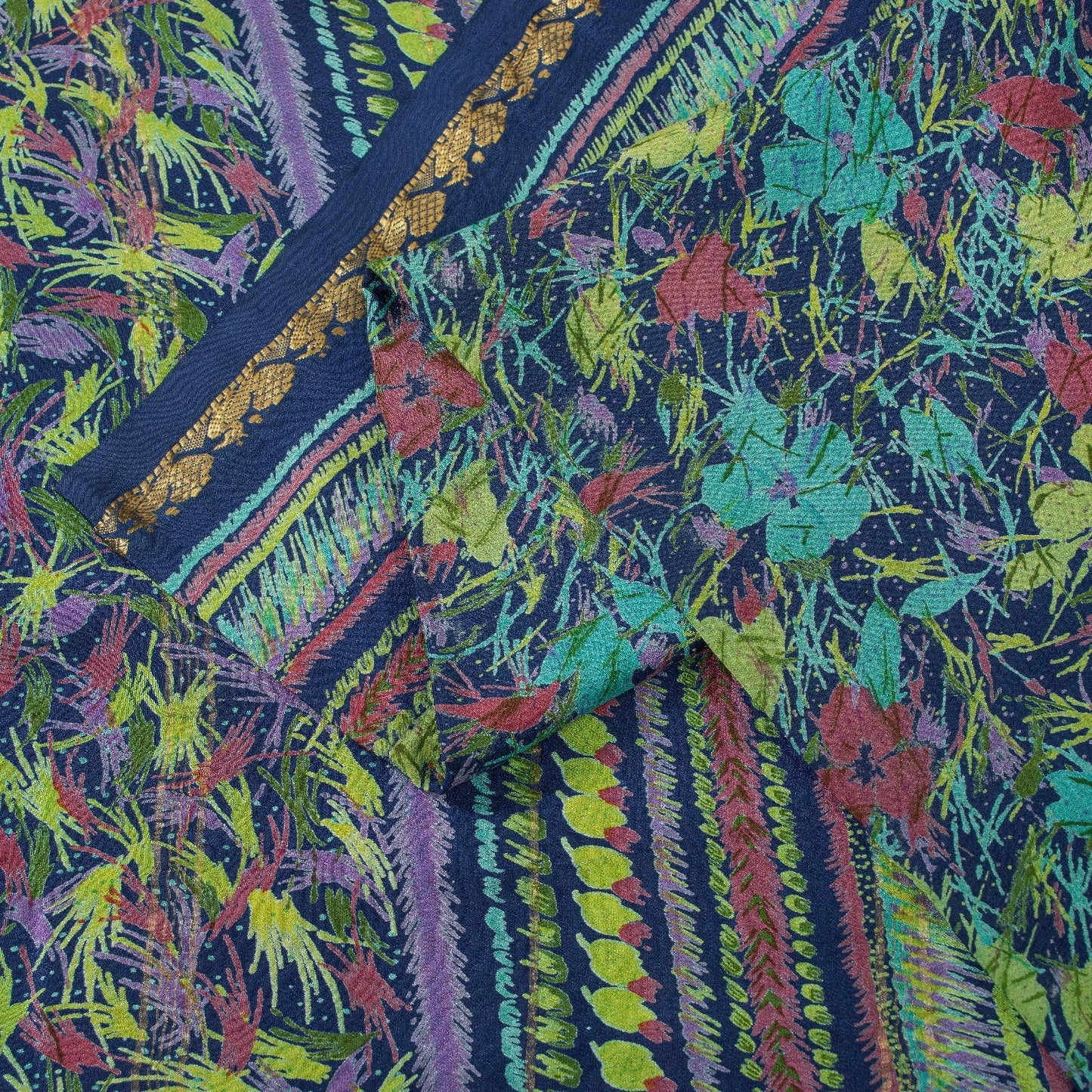 Sanskriti Vintage Sarees Blue Pure Silk Floral Printed 5+YD Sari Craft Material