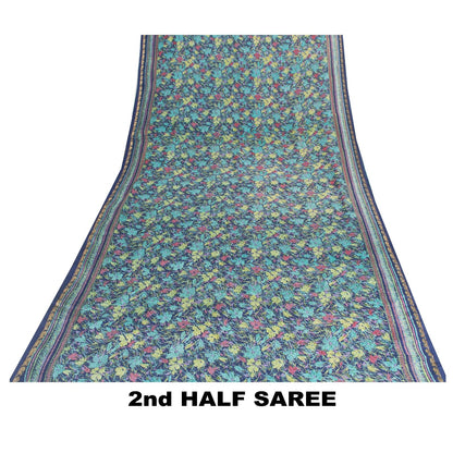 Sanskriti Vintage Sarees Blue Pure Silk Floral Printed 5+YD Sari Craft Material