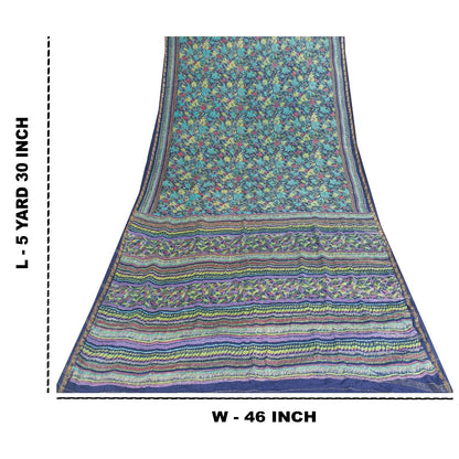 Sanskriti Vintage Sarees Blue Pure Silk Floral Printed 5+YD Sari Craft Material