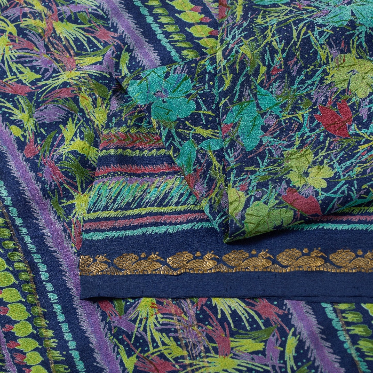 Sanskriti Vintage Sarees Blue Pure Silk Floral Printed 5+YD Sari Craft Material