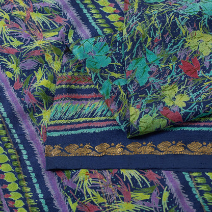 Sanskriti Vintage Sarees Blue Pure Silk Floral Printed 5+YD Sari Craft Material