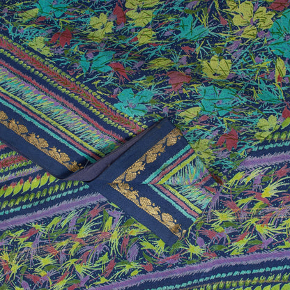 Sanskriti Vintage Sarees Blue Pure Silk Floral Printed 5+YD Sari Craft Material