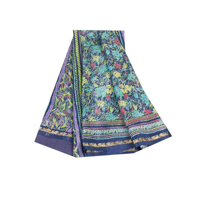 Sanskriti Vintage Sarees Blue Pure Silk Floral Printed 5+YD Sari Craft Material